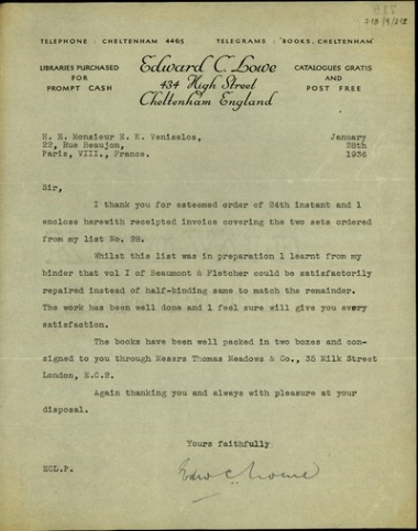 Επιστολή του Edward C. Lowe προς τον Ελ. Βενιζέλο σχετικά με την τελευταία του παραγγελία.