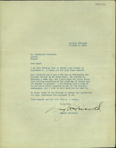 Επιστολή του Dwight Griswold προς τον Σ. Βενιζέλο με την οποία τον ενημερώνει για δύο ομιλίες που έκανε στη Νεμπράσκα αναφερόμενος στα προβλήματα της Ελλάδας και της Ευρώπης.