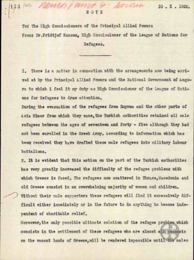 Σημείωμα του Fr.Nansen προς τον Επίτροπο των Συμμαχικών Δυνάμεων σχετικά με την εγκατάσταση των προφύγων από την Μικρά Ασία στην Ελλάδα.