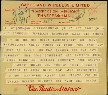 Τηλεγράφημα του Nicholas Kalmer προς τον Σ. Βενιζέλο με το οποίο τον ενημερώνει για την επίσκεψη στην Αθήνα του φιλέλληνα βιομήχανου Heinz και της συζύγου του.