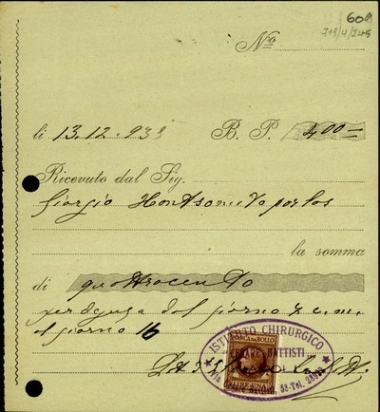 Απόδειξη ποσού 400 λιρών για νοσηλεία του Γ. Κουτσομητόπουλου στο χειρουργικό ινστιτούτο [Cesare Battisti].