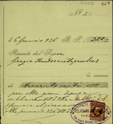 Απόδειξη ποσού 320 λιρών για νοσηλεία του Γ. Κουτσομητόπουλου στο χειρουργικό ινστιτούτο [Cesare Battisti].