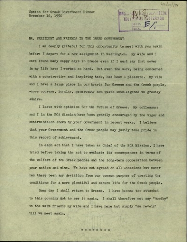 Ομιλία αποχαιρετισμού του αποσυρόμενου από την Ελλάδα του αρχηγού της ECA Mission προς τον Έλληνα πρωθυπουργό και τα μέλη της ελληνικής κυβέρνησης.