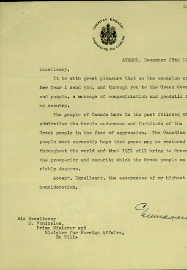 Επιστολή του Καναδού πρεσβευτή στην Ελλάδα, George Loranger Magann, προς τον Σ. Βενιζέλο με ευχές προς τον ελληνικό λαού για το νεό έτος.