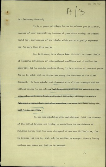 Προσφώνηση του Σ. Βενιζέλου προς τον διοικητή του 6ου Αμερικανικού Στόλου στη Μεσογείου, ναυάρχου John Ballantine, σχετικά με την έλευση του στόλου στην Ελλάδα και τη σημασία της για τη χώρα.