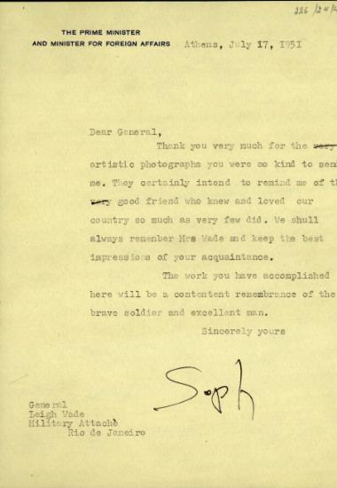 Επιστολή του Σ. Βενιζέλου προς τον στρατηγό Leigh Wade με ευχαριστίες για φωτογραφίες που του απέστειλε αλλά και για τη γενικότερη συνεισφορά του στην Ελλάδα.
