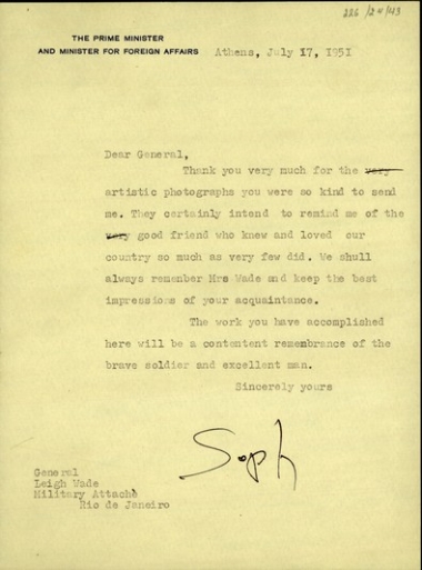 Επιστολή του Σ. Βενιζέλου προς τον στρατηγό  Leigh Wade με ευχαριστίες για φωτογραφίες που του απέστειλε αλλά και για τη γενικότερη συνεισφορά του στην Ελλάδα.