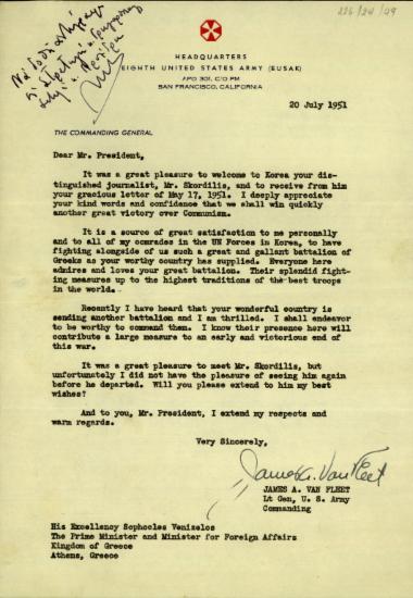 Επιστολή του διοικητή του Αμερικανικού Στρατού, στρατηγού James A. Van Fleet, προς τον Σ. Βενιζέλο με ευχαριστίες για την επιστολή του της 17ης Μαίου 1951 εκφράζοντας, παράλληλα, την ικανοποίησή του για την αποστολή των Ελλήνων στρατιωτών στην Κορέα.