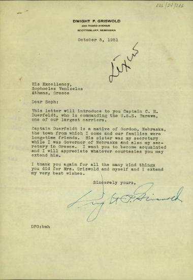 Επιστολή του Dwight P. Griswold προς τον Σ. Βενιζέλο με την οποία του συστήνει τον διοικητή του αεροπλανοφόρου U.S.S. Tarawa, C.H. Duerfeldt.