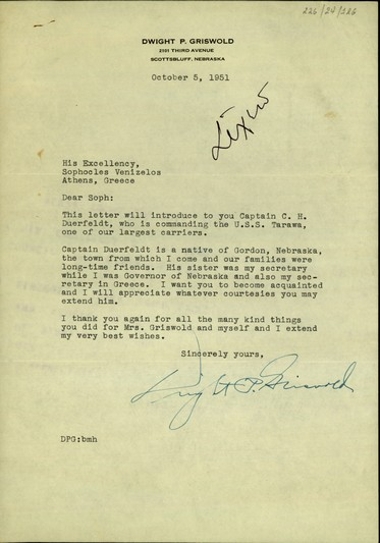 Επιστολή του Dwight P. Griswold προς τον Σ. Βενιζέλο με την οποία του συστήνει τον διοικητή του αεροπλανοφόρου U.S.S. Tarawa, C.H. Duerfeldt.