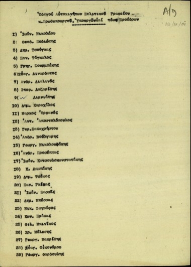 Κατάλογος με ονόματα των οδηγών αυτοκινήτων του Πολιτικού Γραφείου του Πρωθυπουργού, των Υπουργών και των τέως Προέδρων.