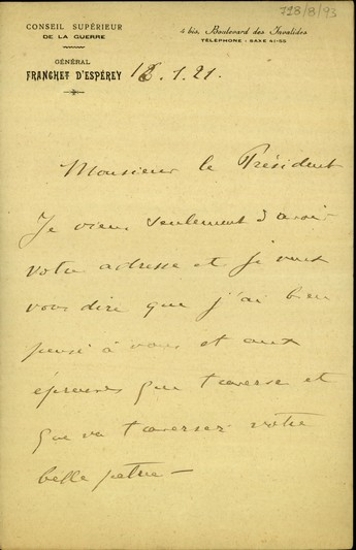 Επιστολή του Franchet d' Esperey προς τον Ελευθέριο Βενιζέλο σχετικά με την πολιτική του βασιλιά Κωνσταντίνου και τις σχέσεις του με τους συμμάχους.