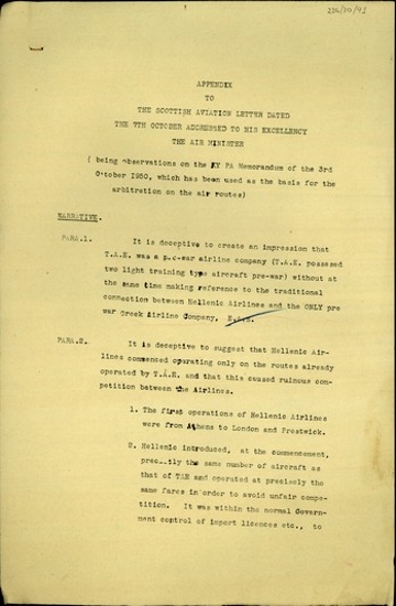 Παράρτημα της Scottich Aviation σε προηγούμενή της επιστολή προς τον Σ. Βενιζέλο σχετικά με το υπόμνημα της Υ.Ε.Κ.Α. που είχε χρησιμοποιηθεί ως βάση για την κατανομή των αεροπορικών γραμμών.