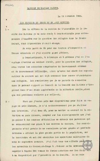 Έκθεση του F.Nansen προς την Κοινωνία των Εθνών σχετικά με την κατάσταση των προσφύγων στη Μικρά Ασία και την Ελλάδα.